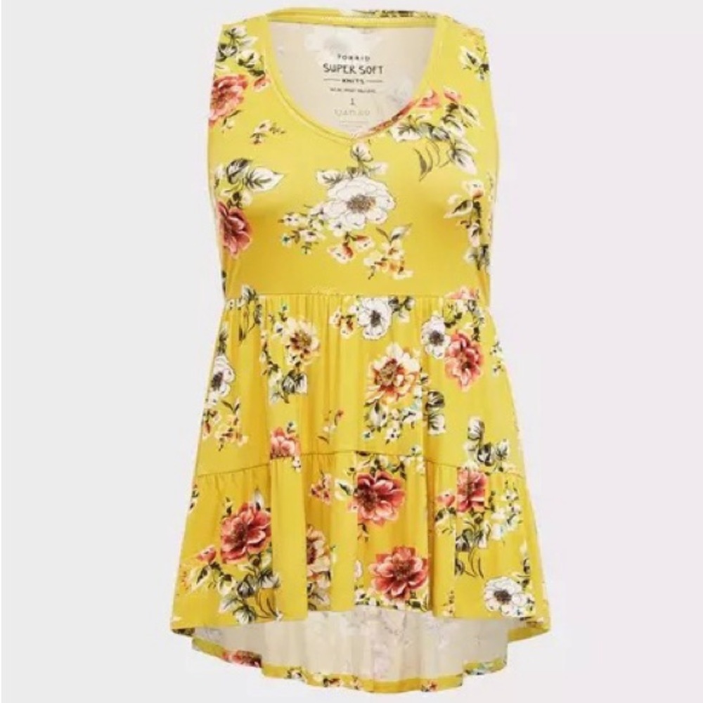 Torrid Yellow Floral Supersoft Tiered Babydoll Tank - Torrid Size 3 (22-24, 3X) - Picture 2 of 16